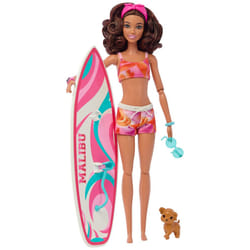 Barbie HPL69 Surf Doll Articulated Mannequin Brown Surfboard Puppy The
