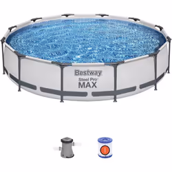 Bestway Steel Pro Pool Swimming Pool, Round Above Ground Garden Frame Pool, Multiple Sizes, 12' x 30"/3.66m x 76cm, Grey
