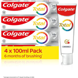 Colgate Total Original Toothpaste 4x100ml - Stronger 24-hour bacterial defence* - Unique dual zinc antibacterial technology - 8 benefits for complete