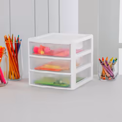 Sterilite Clearview Plastic Multipurpose Small 3 Drawer Desktop Storage Organization Unit for Home  Classrooms  or Office Spaces  White  6 Pack