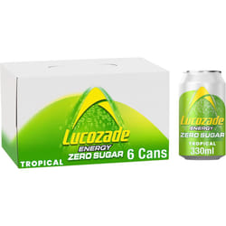 Lucozade Zero Fizzy Drink, Tropical Flavour, Sugar Free, Low Calorie, 6 Pack, 330ml Cans