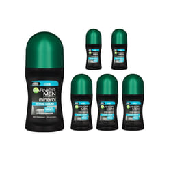6 x 50ml Garnier Men Mineral Antiperspirant Roll On 48h Deodorant (6 Types) - 6 x Cool