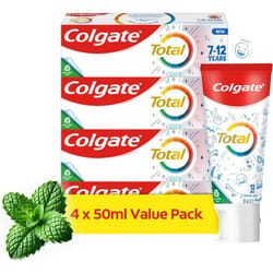 Colgate total Toothpaste For Kids 7-12 Years - 4 Pack 50ml Tubes - Whole Mouth Protection - Mild Mint Flavour - Fluoride Toothpaste
