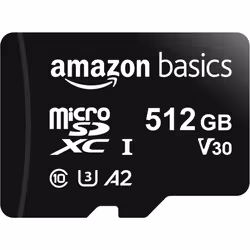 Amazon Basics Micro SDXC, 512 GB, with SD Adapter, A2, U3, read speed up to 100 MB/s, Black