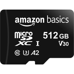 Amazon Basics Micro SDXC, 512 GB, with SD Adapter, A2, U3, read speed up to 100 MB/s, Black