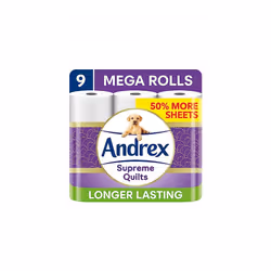 Andrex Supreme Quilts Mega Toilet Roll - 9 Mega Rolls (13.5 Standard Toilet Rolls), 3-ply Quilted Toilet Paper, 25% Thicker P ...