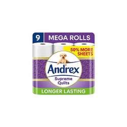 Andrex Supreme Quilts Mega Toilet Roll - 9 Mega Rolls (13.5 Standard Toilet Rolls), 3-ply Quilted Toilet Paper, 25% Thicker Paper than Before to