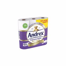 Andrex Supreme Quilts Mega Toilet Roll - 9 Mega Rolls (13.5 Standard Toilet Rolls), 3-ply Quilted Toilet Paper, 25% Thicker Paper than Before to
