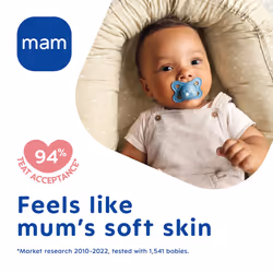 MAM Original Soother 2-6 Months (Pack of 2), Baby Soother Made from Sustainable Material, SkinSoft Silicone Teat, with MAM Soother Case, Pink (Designs