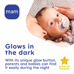 MAM Original Night Soother 16+ Months (Pack of 2), Sustainable Baby Soother, SkinSoft Silicone Teat, Glow in the Dark Soother, Blue (Designs May Vary)