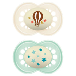 MAM Original Night Soother 16+ Months (Pack of 2), Sustainable Baby Soother, SkinSoft Silicone Teat, Glow in the Dark Soother, Cream (Designs May