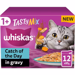 Whiskas Tasty Mix 1+ Cat of the Day in Gravy Adult Cat Food 12 Pouches 85g, Pack of 4