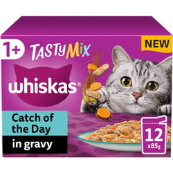 Whiskas Tasty Mix 1+ Cat of the Day in Gravy Adult Cat Food 12 Pouches 85g, Pack of 4