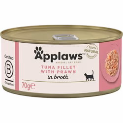 Applaws 100% Natural Wet Cat Food Tins, Tuna Fillet with Prawn in Broth 70 g for Adult Cats (24 x 70 g Tins)