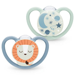 NUK Space Night Baby Dummy | 18-36 Months | Glow-in-The-Dark Soothers with Extra Ventilation for Sensitive Skin | BPA-Free Silicone | Lion & Moon | 2