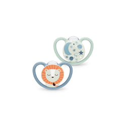 NUK Space Night Baby Dummy | 6-18 Months | Glow-in-The-Dark Soothers with Extra Ventilation for Sensitive Skin | BPA-Free Silicone | Lion & Moon | 2