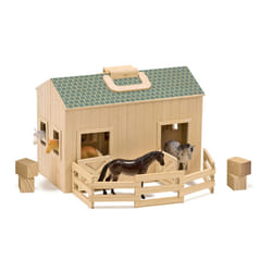 Melissa & Doug Fold and Go Wooden Horse Stable Dollhouse With Handle and Toy Horses (11 pcs) - Portable Horse Barn Play Set  Toy Horse Figures For Kid