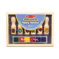 Melissa & Doug Happy Handles Wooden Stamp Set: 6 Stamps and 6-Color Stamp Pad - Kids Stamp Packs With Washable Ink  Easy To Hold Stampers For Kids Age