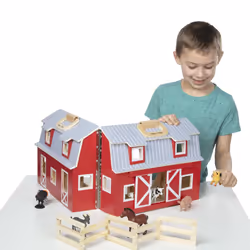Melissa & Doug Fold & Go Wooden Barn Play Set, Portable with Farm Animals Age 3+