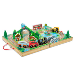 Melissa & Doug 17-Piece Wooden Take-Along Tabletop Railroad  3 Trains  Truck  Play Pieces  Bridge - FSC Certified