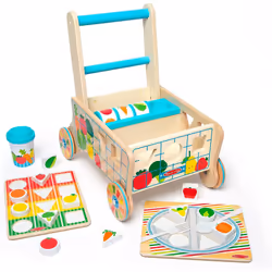 Melissa & Doug Wooden Shape Sorting Grocery Cart Push Toy and Puzzles