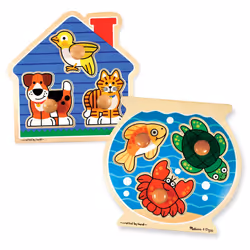 Melissa & Doug Animals Jumbo Knob Wooden Puzzles Set - Fish and Pets - Chunky Wooden Puzzles for Toddlers Animal Puzzles For ...