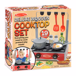 Melissa & Doug 19-Piece Deluxe Wooden Cooktop Set with Wooden Play Food  Durable Pot and Pan