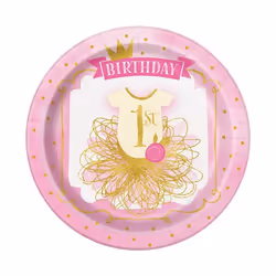Unique Party 58155, Plate, Round, Paper, Gold, Pink, White, Image, 8 pc(s)