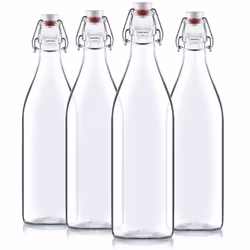 Bormioli Rocco Giara Swing Top Bottles 33 Ounce-4 Pack Round Clear Glass Grolsch Flip Top Bottle With Stopper for Beverages ...