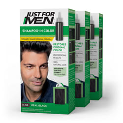 Just For Men Shampoo-In Color (Formerly Original Formula)  Mens Hair Color with Keratin and Vitamin E for Stronger Hair - Real Black  H-55  Pack of 3