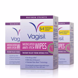 Vagisil Anti-Itch Medicated Feminine Intimate Wipes for Women Maximum Strength gynecologist Tested 12 count Pack of 3 (36 ...