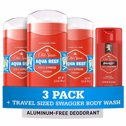Old Spice Men's Deodorant Aluminum-Free Aqua Reef 3.0oz Pack of 3 with Travel-Size Swagger Body Wash