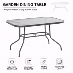 Outsunny Metal Garden Dining Table Outdoor Patio w/ Glass, Umbrella Hole