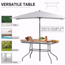 Outsunny Metal Garden Dining Table Outdoor Patio w/ Glass, Umbrella Hole