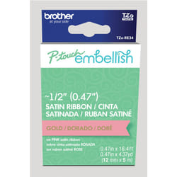Brother P-Touch Embellish Gold Print on Pink Satin Ribbon TZERE34 ~  Wide x ~13.1 Long for use with P-Touch Embellish Ribbon & Tape Printer