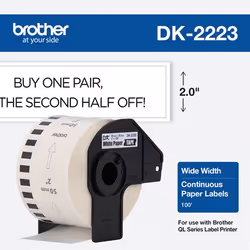 Brother DK-2223, Black, White, Self-adhesive printer label, Continuous label, Roll, Direct thermal, Permanent