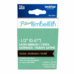 Brother P-Touch Embellish Gold Print on Black Satin Ribbon TZER334 - ~ Wide x 13.1 Long for use with P-Touch Embellish Ribbo ...