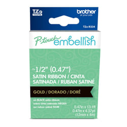 Brother P-Touch Embellish Gold Print on Black Satin Ribbon TZER334 - ~  Wide x 13.1 Long for use with P-Touch Embellish Ribbon & Tape Printer