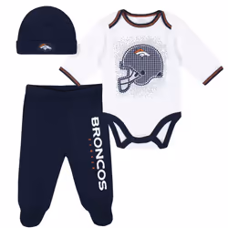Gerber NFL Denver Broncos 3 Pack Bodysuit Footed Pant and Cap Registry Gift Set blue/white Denver Broncos 3-6M