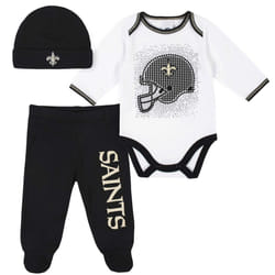 Gerber NFL New Orlean Saints 3 Pack Bodysuit Footed Pant and Cap Registry Gift Set  black/white New Orlean Saints  6-9M
