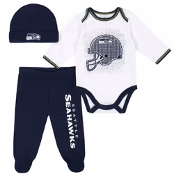 Gerber NFL Seattle Seahawks 3 Pack Bodysuit Footed Pant and Cap Registry Gift Set Blue/White Seattle Seahawks 0-3M