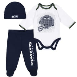 Gerber NFL Seattle Seahawks 3 Pack Bodysuit Footed Pant and Cap Registry Gift Set  blue/white Seattle Seahawks  6-9M