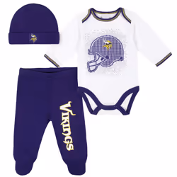 Gerber NFL Minnesota Vikings 3 Pack Bodysuit Footed Pant and Cap Registry Gift Set Purple/White Minnesota Vikings 0-3M