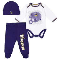 Gerber NFL Minnesota Vikings 3 Pack Bodysuit Footed Pant and Cap Registry Gift Set  Purple/White Minnesota Vikings  0-3M