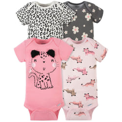 Gerber Baby Girls' 4-Pack Short Sleeve Onesies Bodysuits  Leopard Pink  Newborn