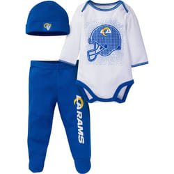 Gerber NFL Los Angeles Rams 3 Pack Bodysuit Footed Pant and Cap Registry Gift Set  blue Los Angeles Rams New  6-9 Months