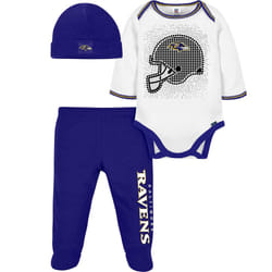 Gerber NFL Baby Boys' 3Pc Bodysuit  Footed Pant  & Cap Set  Baltimore Ravens  0-3 Months