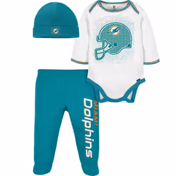 Gerber NFL Baby Boys' 3Pc Bodysuit  Footed Pant  & Cap Set  Miami Dolphins  3-6 Months
