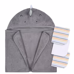 Gerber Baby 4 Piece Animal Character Hooded Towel and Washcloth Set Charcoal Dino One Size