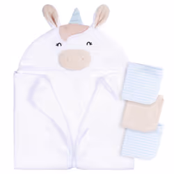 Gerber Baby 4 Piece Animal Character Hooded Towel and Washcloth Set White Unicorn One Size